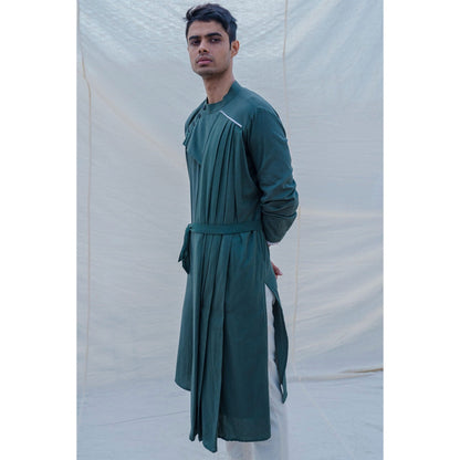 Bohame Cotton X Linen Kurta And Pajama In Bottle Green (Set of 2)