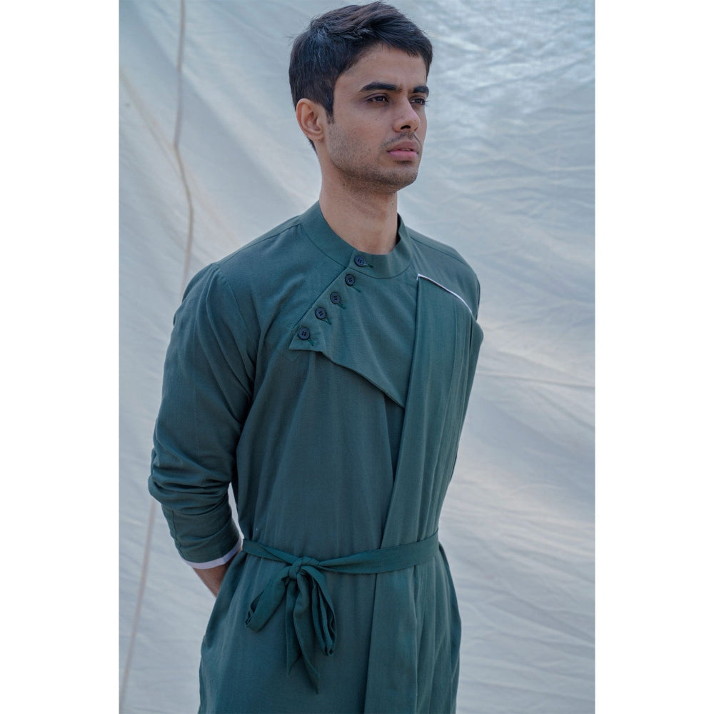 Bohame Cotton X Linen Kurta And Pajama In Bottle Green (Set of 2)