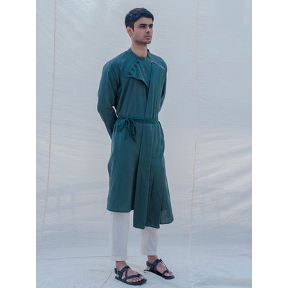 Bohame Cotton X Linen Kurta And Pajama In Bottle Green (Set of 2)