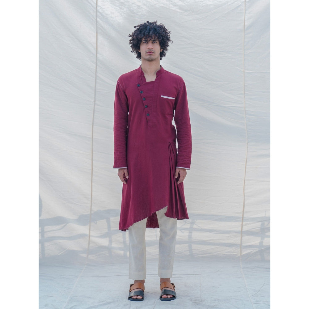 Bohame Cotton X Linen In Maroon Kurta With Pajama (Set of 2)