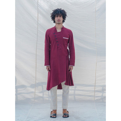 Bohame Cotton X Linen In Maroon Kurta With Pajama (Set of 2)