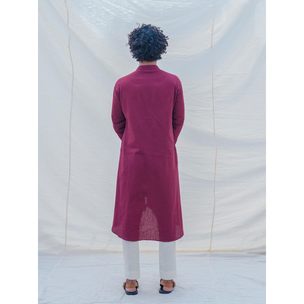 Bohame Cotton X Linen In Maroon Kurta With Pajama (Set of 2)