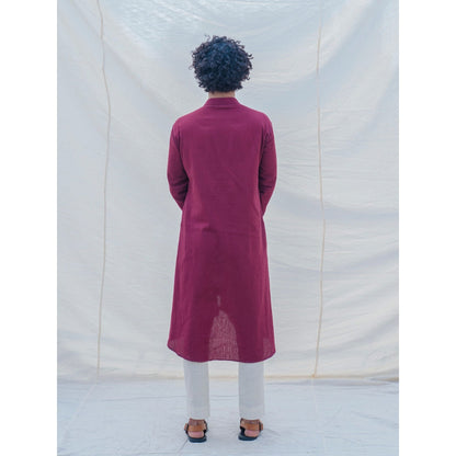 Bohame Cotton X Linen In Maroon Kurta With Pajama (Set of 2)