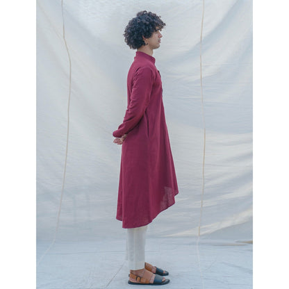 Bohame Cotton X Linen In Maroon Kurta With Pajama (Set of 2)