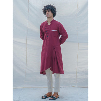 Bohame Cotton X Linen In Maroon Kurta With Pajama (Set of 2)
