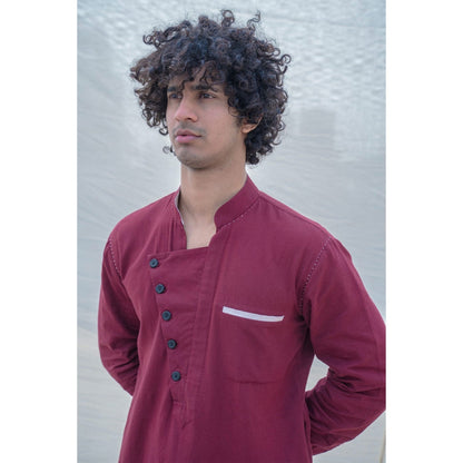 Bohame Cotton X Linen In Maroon Kurta With Pajama (Set of 2)