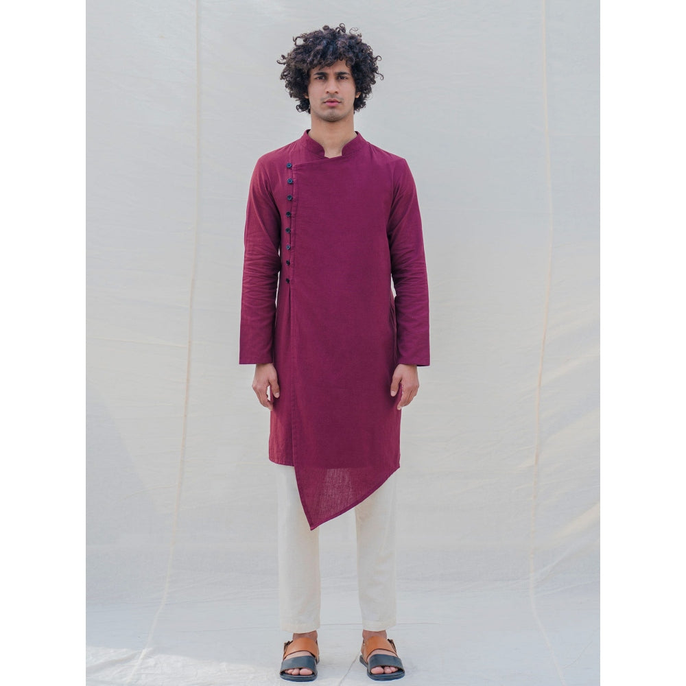 Bohame Cotton X Linen In Maroon Kurta With Pajama (Set of 2)