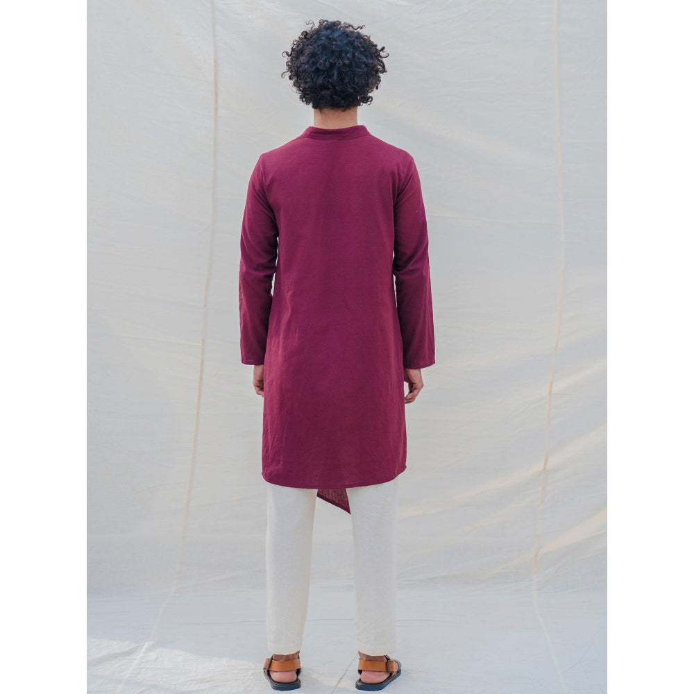 Bohame Cotton X Linen In Maroon Kurta With Pajama (Set of 2)