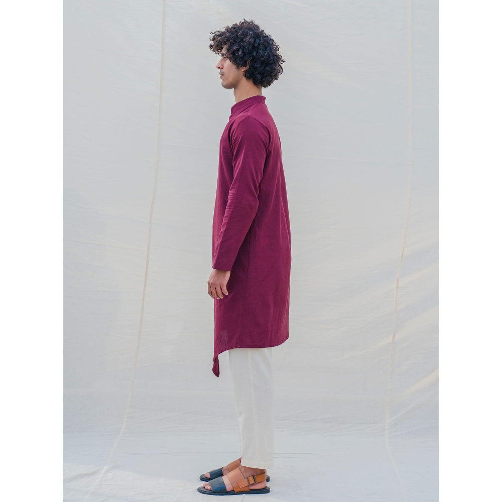 Bohame Cotton X Linen In Maroon Kurta With Pajama (Set of 2)