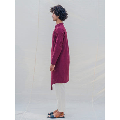 Bohame Cotton X Linen In Maroon Kurta With Pajama (Set of 2)