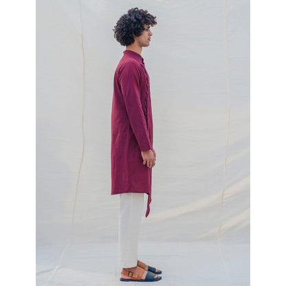 Bohame Cotton X Linen In Maroon Kurta With Pajama (Set of 2)
