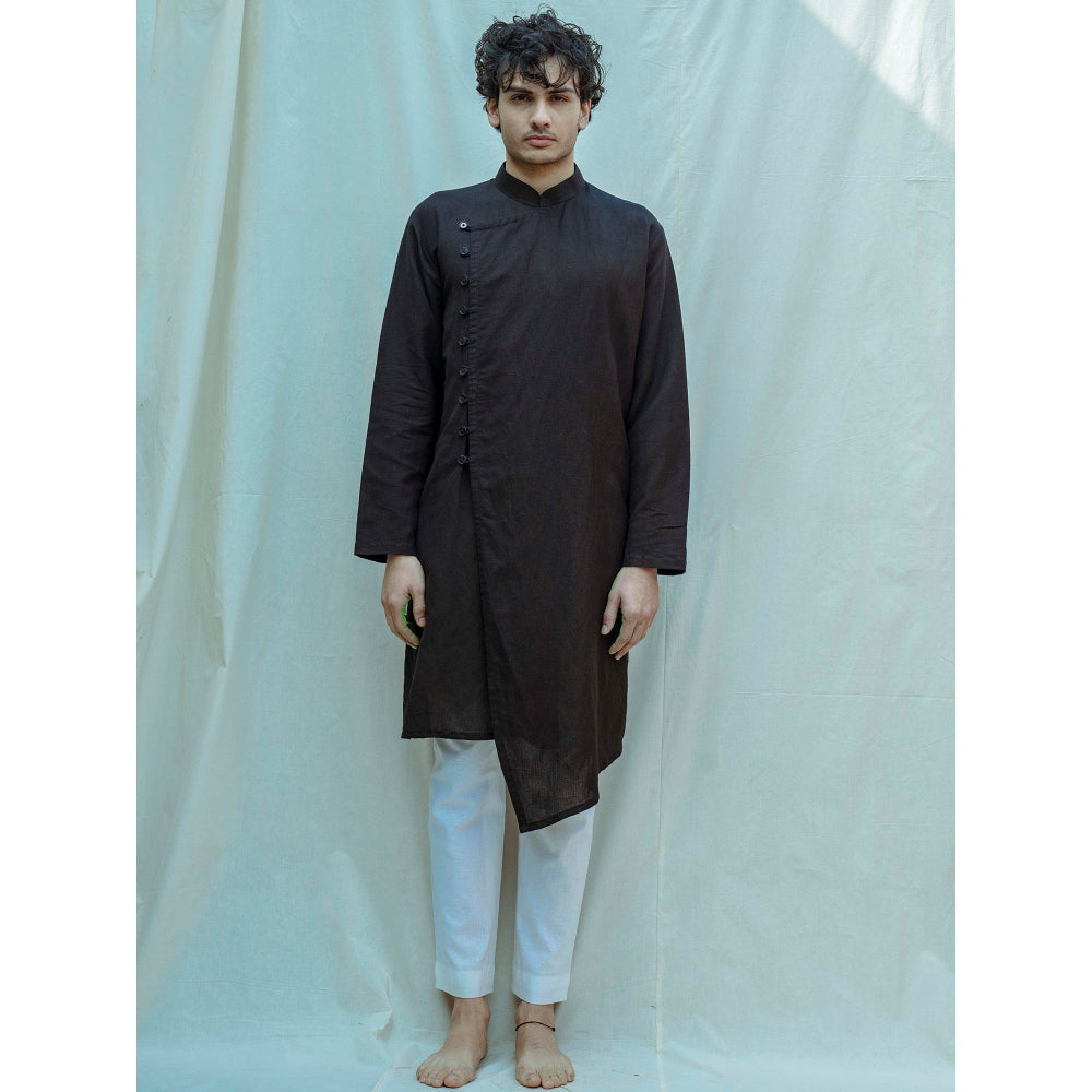 Bohame Cotton X Linen Overlapped Kurta With Pajama In Black (Set of 2)