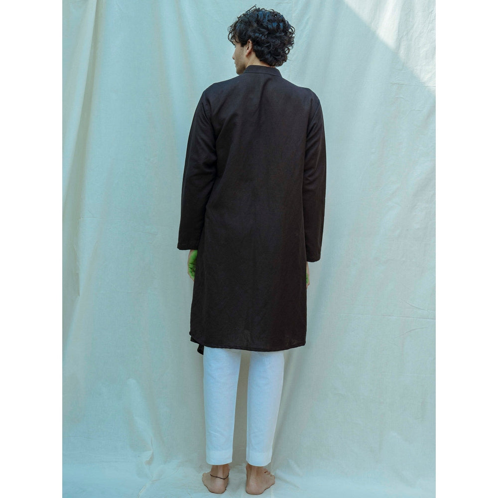 Bohame Cotton X Linen Overlapped Kurta With Pajama In Black (Set of 2)