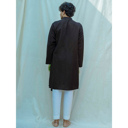Bohame Cotton X Linen Overlapped Kurta With Pajama In Black (Set of 2)