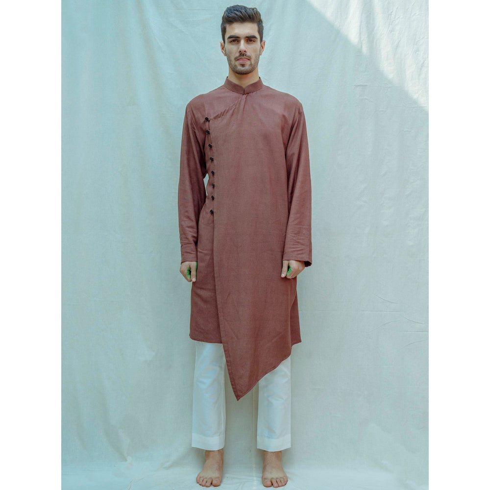 Bohame Cotton X Linen Overlapped Kurta With Pajama In Brown (Set of 2)