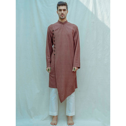 Bohame Cotton X Linen Overlapped Kurta With Pajama In Brown (Set of 2)