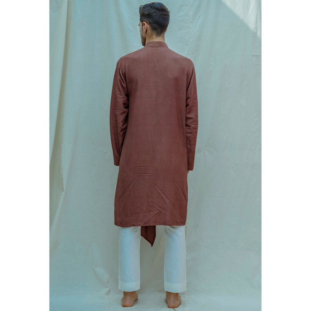 Bohame Cotton X Linen Overlapped Kurta With Pajama In Brown (Set of 2)