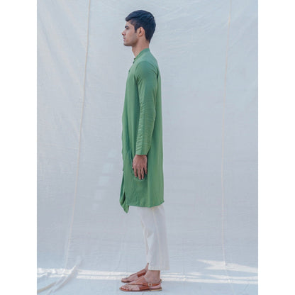 Bohame Cotton X Rayon Green Cowl Kurta With Pajama (Set of 2)