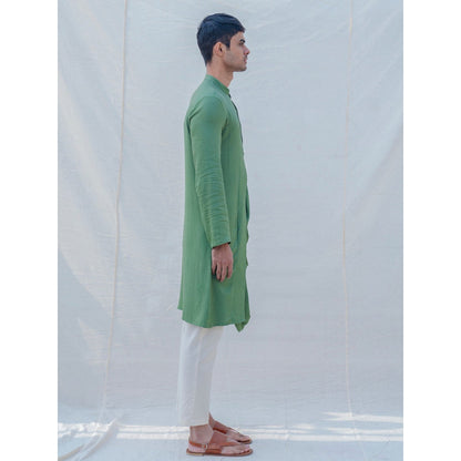 Bohame Cotton X Rayon Green Cowl Kurta With Pajama (Set of 2)