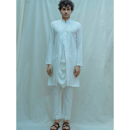 Bohame Cowl Kurta And Pajama In White Tencel (Set of 2)