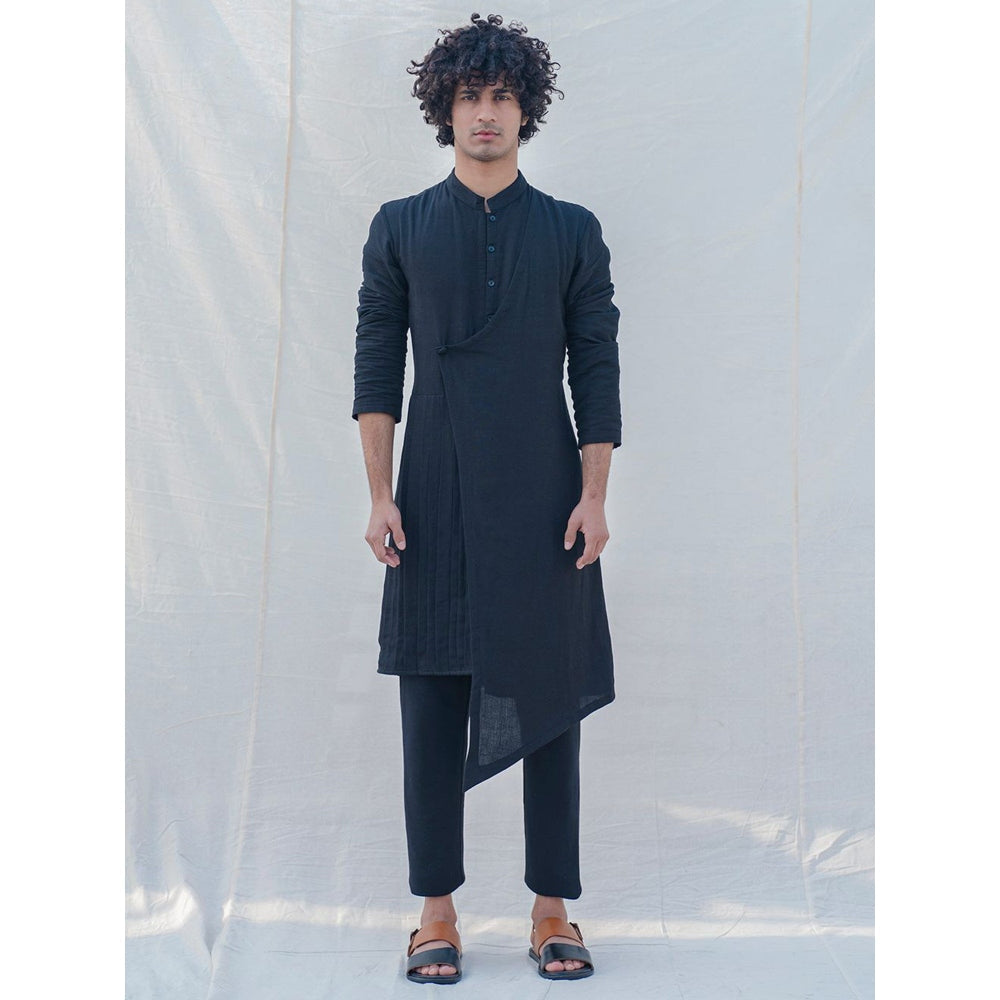 Bohame Cotton X Linen Black Kurta With Pajama (Set of 2)