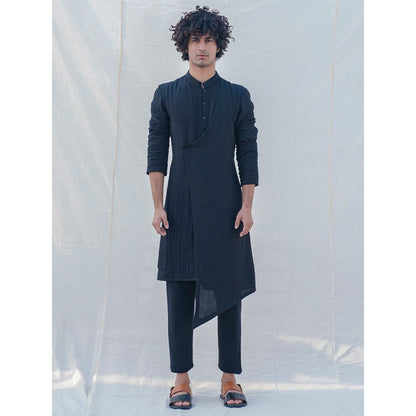 Bohame Cotton X Linen Black Kurta With Pajama (Set of 2)