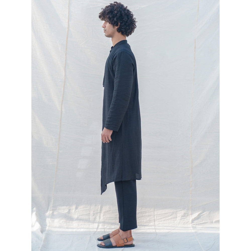 Bohame Cotton X Linen Black Kurta With Pajama (Set of 2)