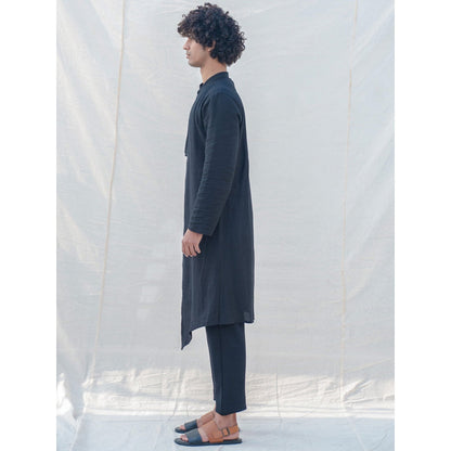 Bohame Cotton X Linen Black Kurta With Pajama (Set of 2)