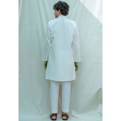Bohame Pleated Angrakha Kurta And Pajama In White (Set of 2)
