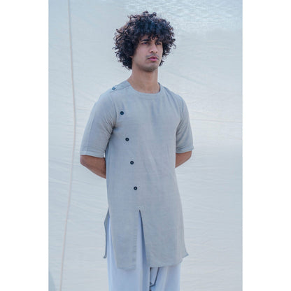Bohame Cotton X Linen Slay In Grey Kurta With Pajama (Set of 2)
