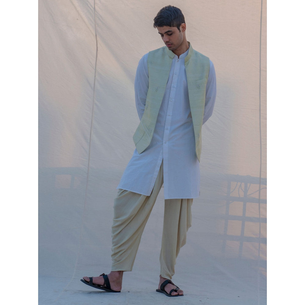 Bohame Raw Silk Pista Waist Coat And Dhoti With Kurta (Set of 3)