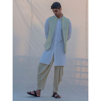 Bohame Raw Silk Pista Waist Coat And Dhoti With Kurta (Set of 3)