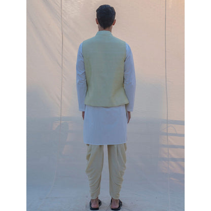 Bohame Raw Silk Pista Waist Coat And Dhoti With Kurta (Set of 3)