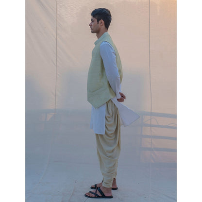 Bohame Raw Silk Pista Waist Coat And Dhoti With Kurta (Set of 3)