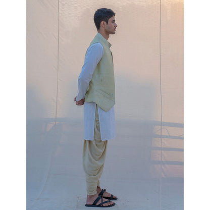 Bohame Raw Silk Pista Waist Coat And Dhoti With Kurta (Set of 3)