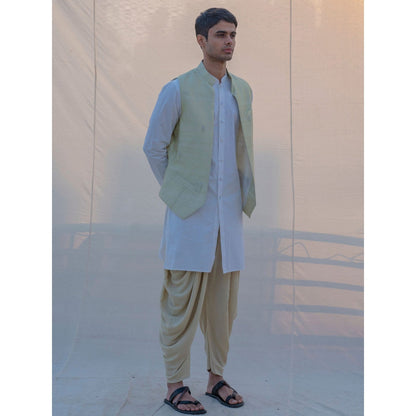 Bohame Raw Silk Pista Waist Coat And Dhoti With Kurta (Set of 3)