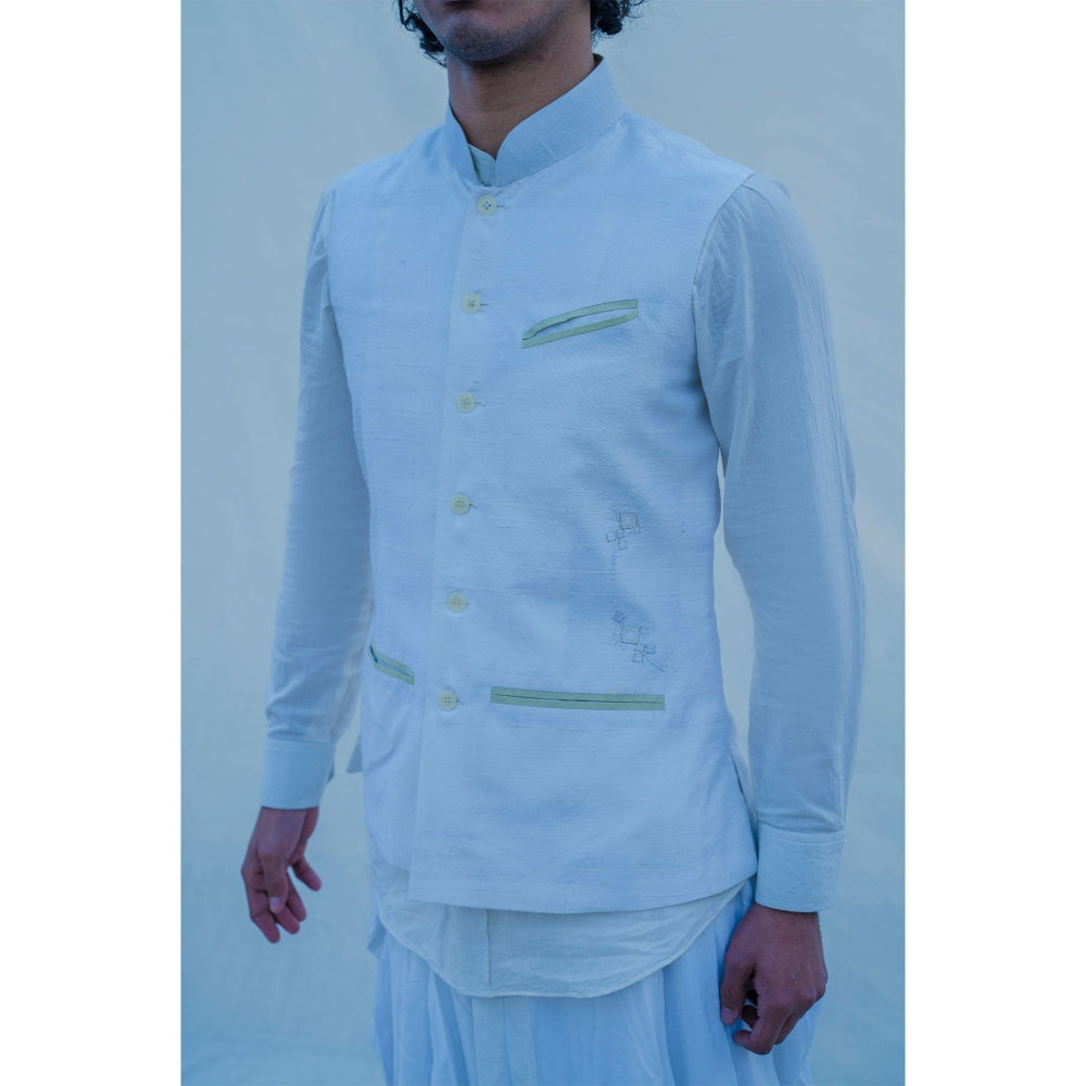 Bohame Raw Silk Off White Waist Coat And Pajama (Set of 2)
