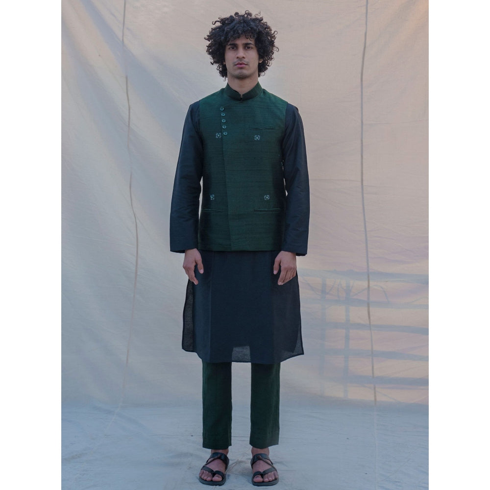 Bohame Raw Silk Green Waist Coat And Kurta With Pant (Set of 3)