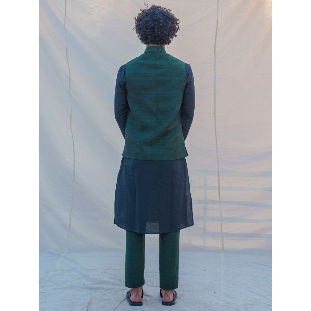 Bohame Raw Silk Green Waist Coat And Kurta With Pant (Set of 3)