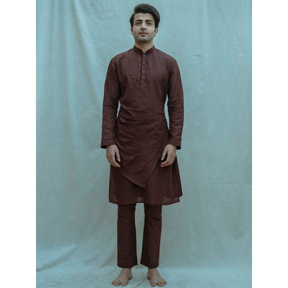 Bohame Cotton X Linen Pleated Angrakha Kurta With Pajama In Brown (Set of 2)