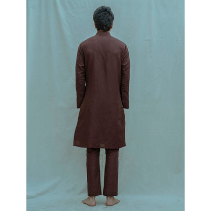 Bohame Cotton X Linen Pleated Angrakha Kurta With Pajama In Brown (Set of 2)