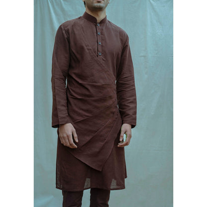 Bohame Cotton X Linen Pleated Angrakha Kurta With Pajama In Brown (Set of 2)