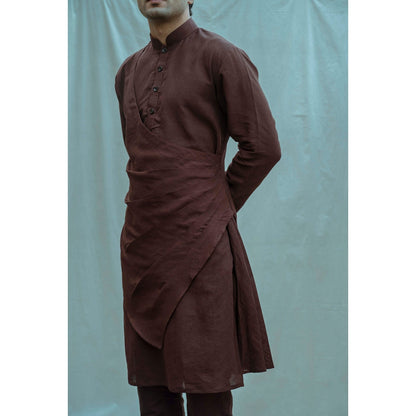 Bohame Cotton X Linen Pleated Angrakha Kurta With Pajama In Brown (Set of 2)