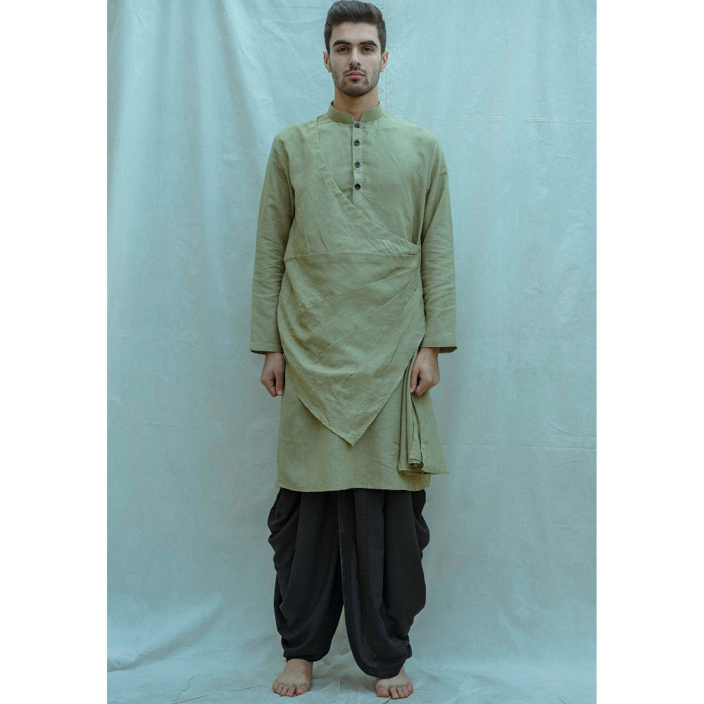 Bohame Cotton X Linen Pleated Angrakha Kurta And Pajama In Nature (Green of 2) (Set of 2)