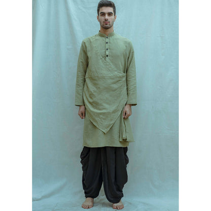 Bohame Cotton X Linen Pleated Angrakha Kurta And Pajama In Nature (Green of 2) (Set of 2)