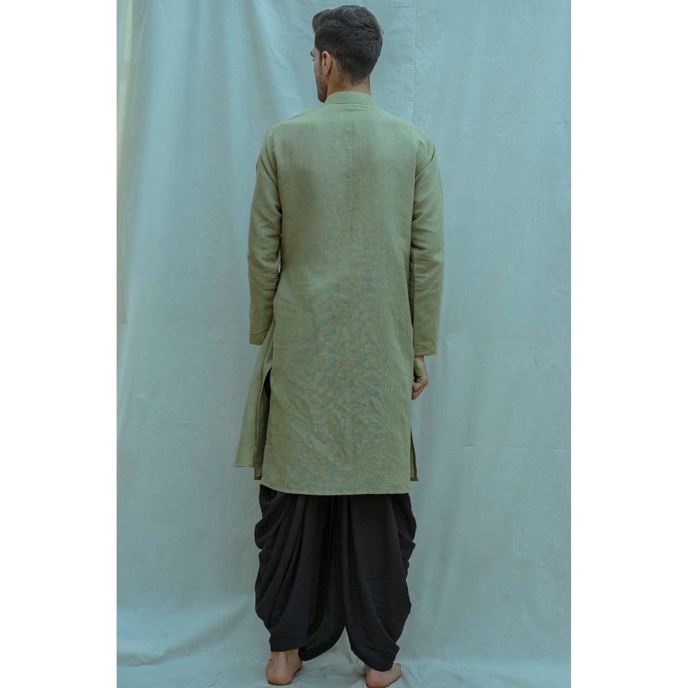 Bohame Cotton X Linen Pleated Angrakha Kurta And Pajama In Nature (Green of 2) (Set of 2)