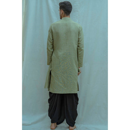 Bohame Cotton X Linen Pleated Angrakha Kurta And Pajama In Nature (Green of 2) (Set of 2)