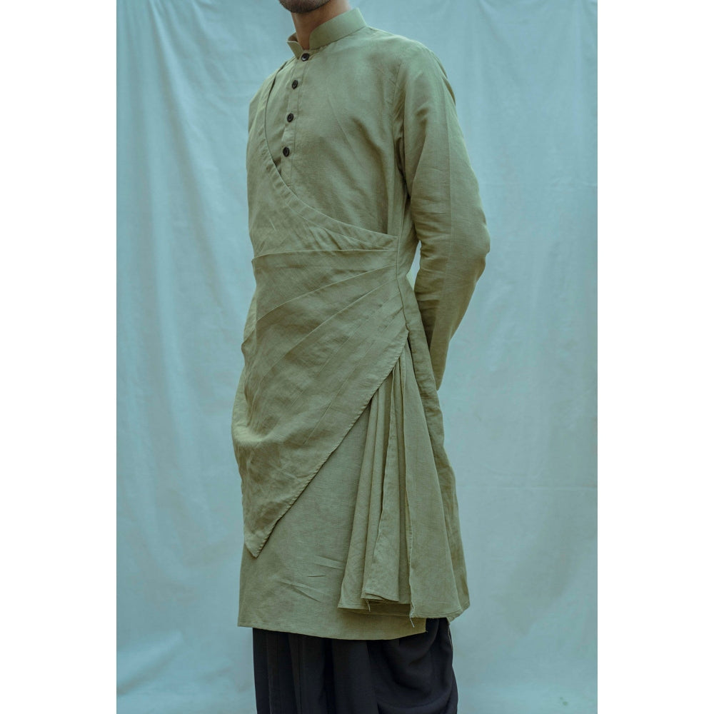 Bohame Cotton X Linen Pleated Angrakha Kurta And Pajama In Nature (Green of 2) (Set of 2)