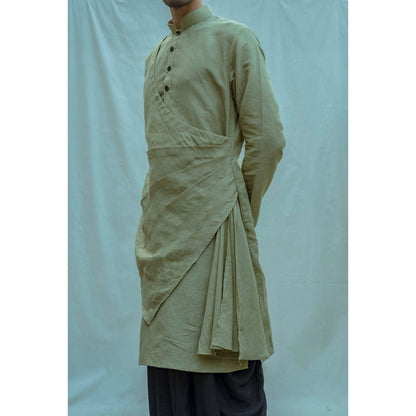 Bohame Cotton X Linen Pleated Angrakha Kurta And Pajama In Nature (Green of 2) (Set of 2)