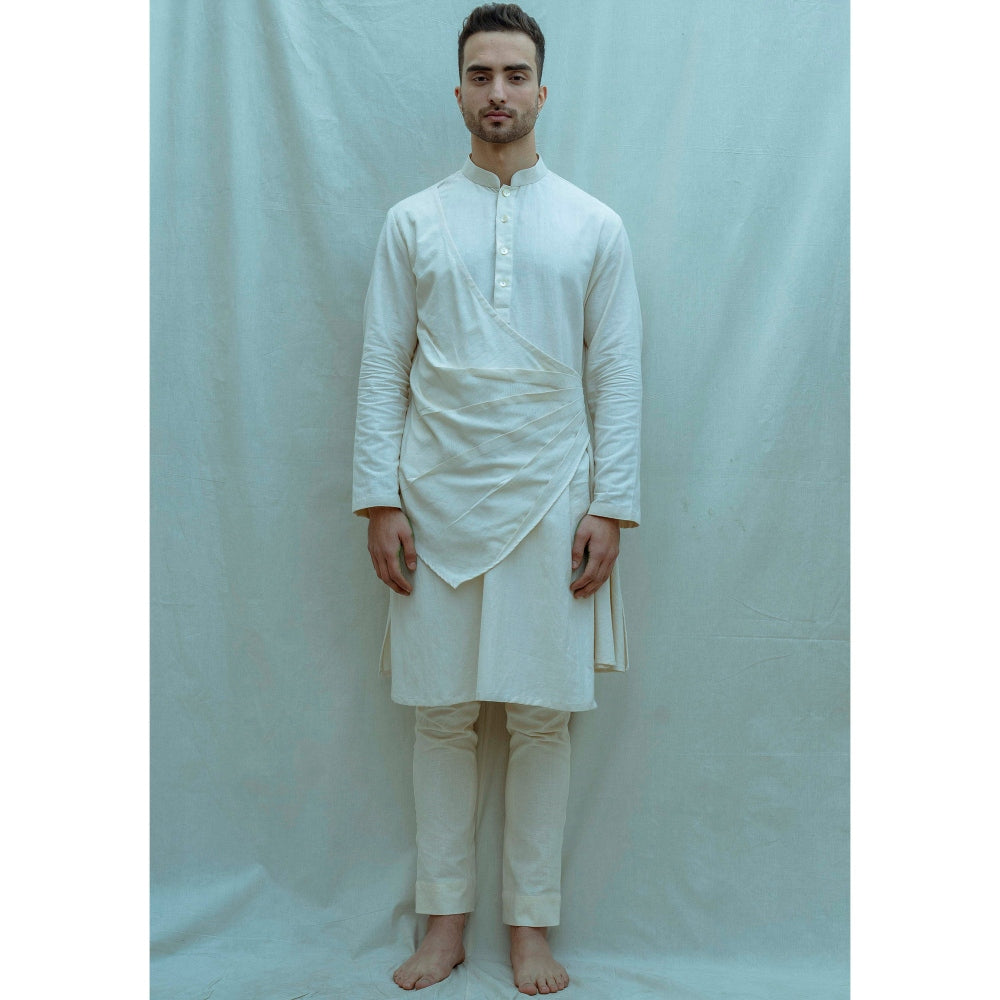 Bohame Cotton X Linen Pleated Angrakha Kurta With Pajama In Off-White (Set of 2)